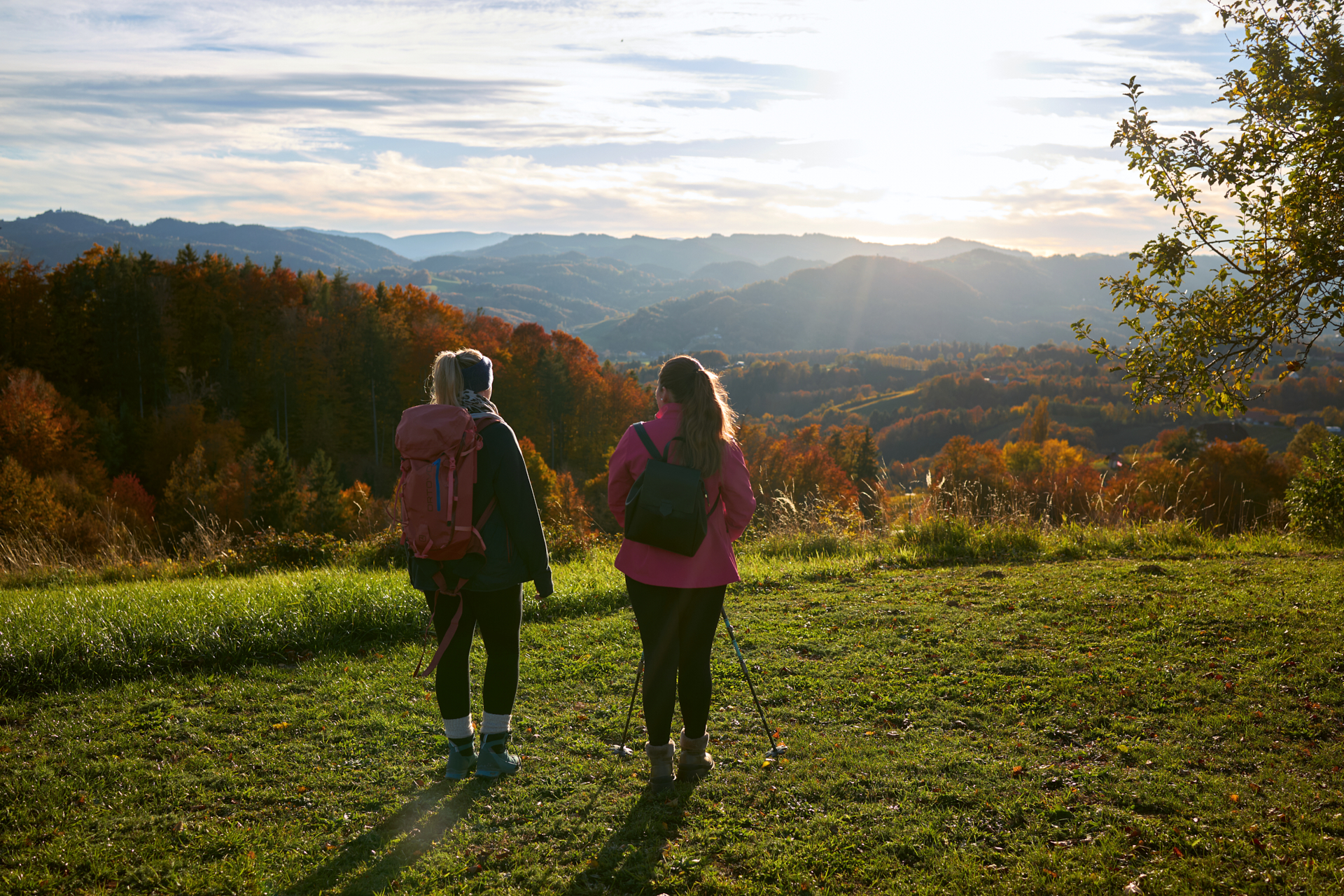 Zwei Personen beim Wandern mit Blick über die herbstliche Hügellandschaft der Südsteiermark im warmen Licht.