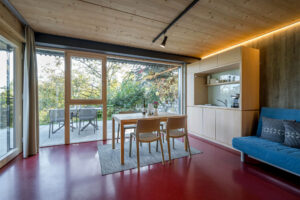 Wohnbereich mit Esstisch, Küchenzeile, blauem Sofa und Terrassenzugang.