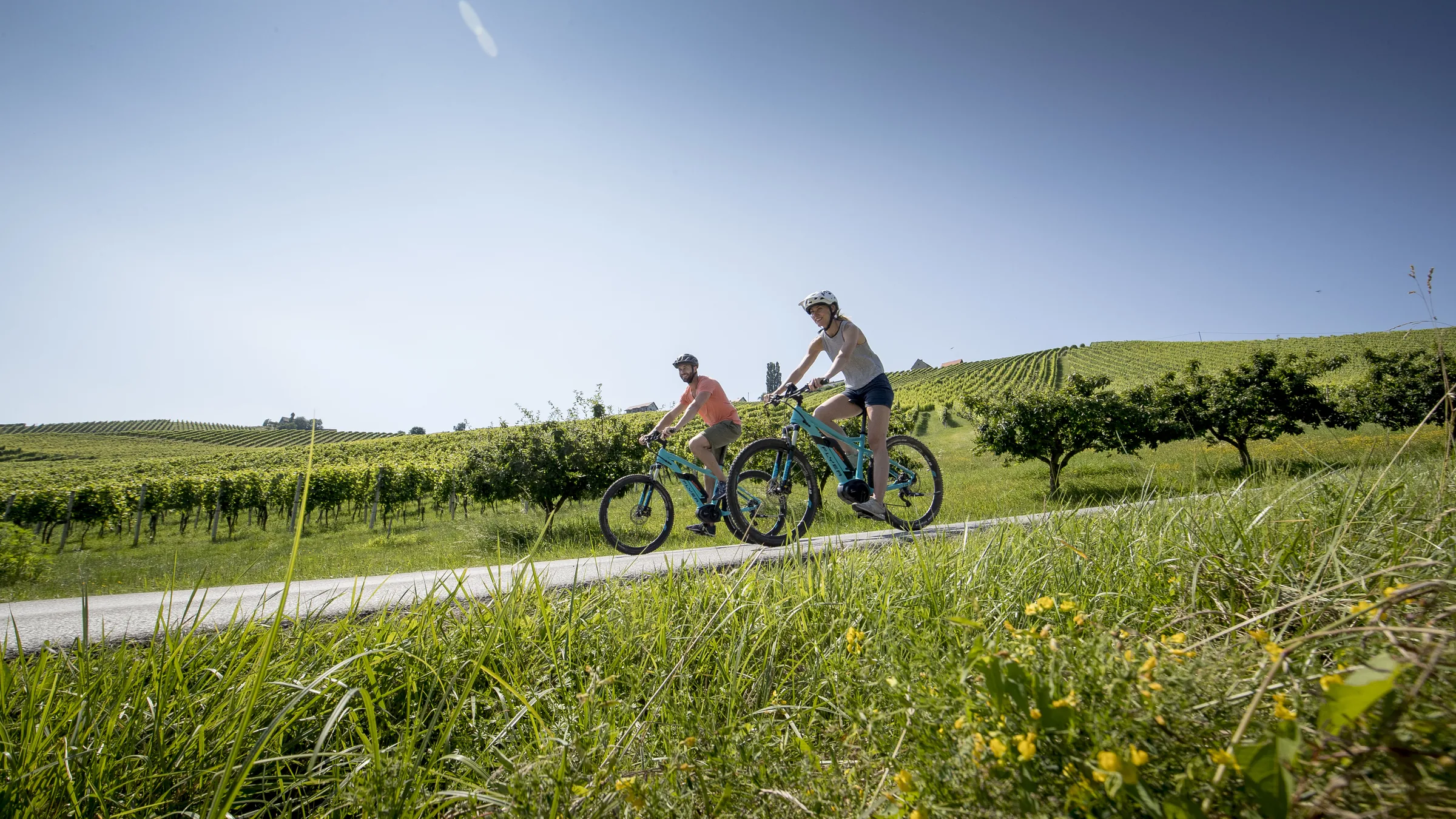 Two cyclists riding e-bikes through the vineyards of South Styria.